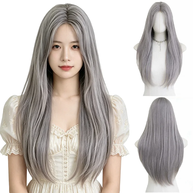 Purple Gray Small Lace Front Long Straight Wig T Part Lace Breathable Heat Resistant Synthetic Wig For Women Daily Wear Party
