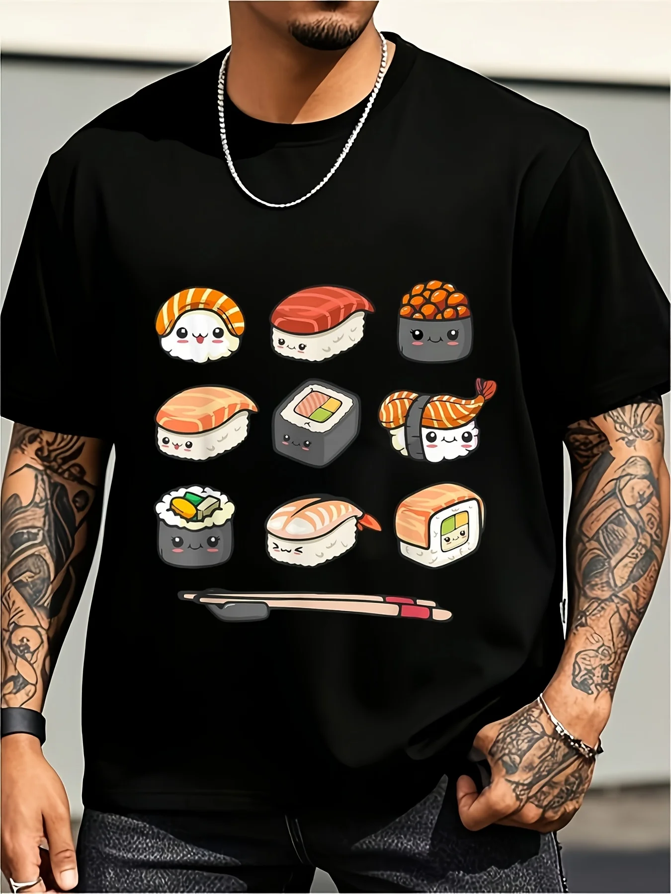 Joyful Sushi Anime Cute Style Single Top Japanese Food Enthusiast Otaku Manga T-Shirt Plus Size Retro Casual Round Neck Printed T-Shirt Unisex, Plus Size