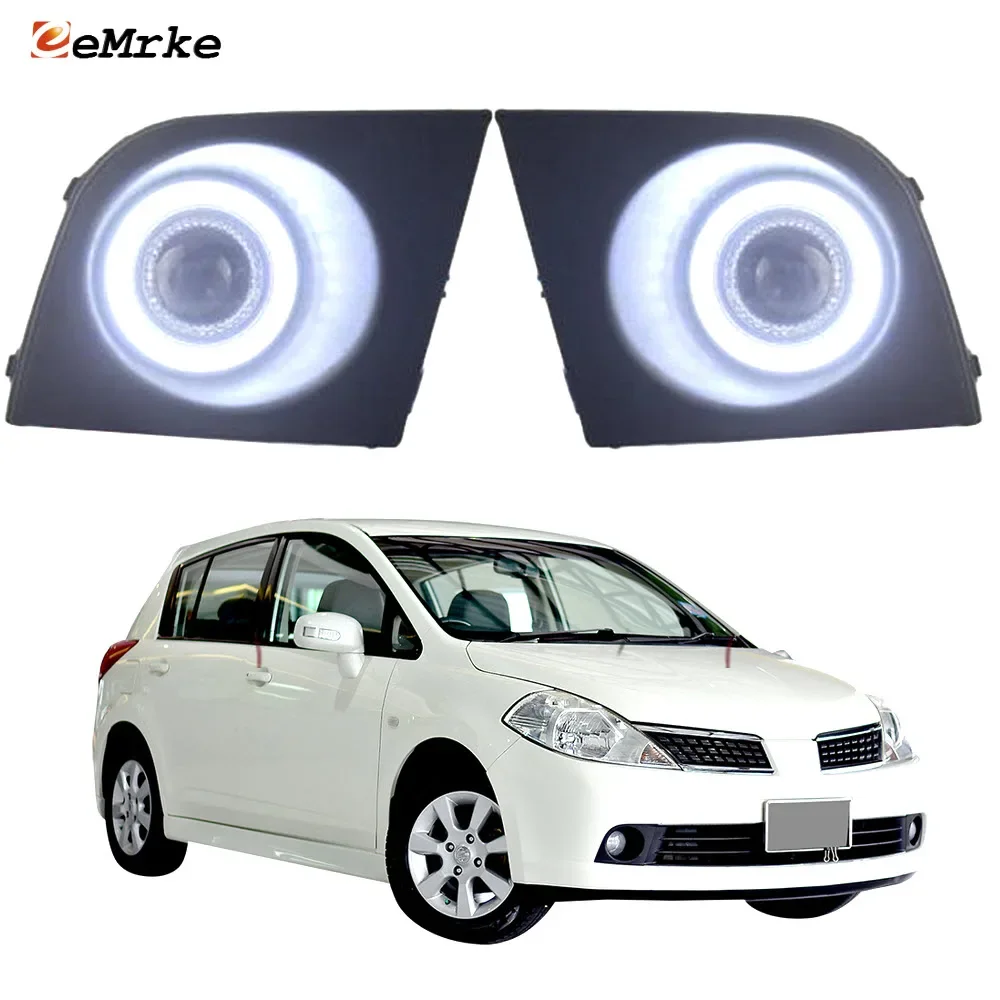 eeMrke Fog Lights Assembly Lens + Led Angel Eyes DRL for Nissan Tiida C11 Tiida Latio 2004 2005 2006 2007 Halogen Bulb H11 55W