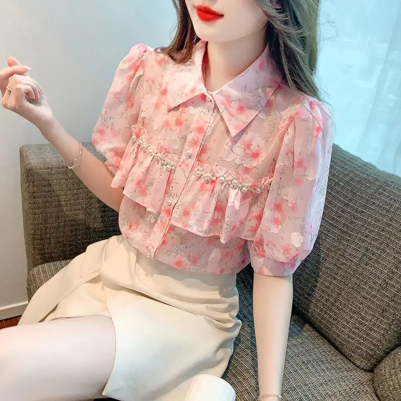 Sweet Lapel Printed Ruffles Beading Puff Sleeve Shirts Female Clothing 2024 Summer New Loose All-match Tops Chic Chiffon Blouses