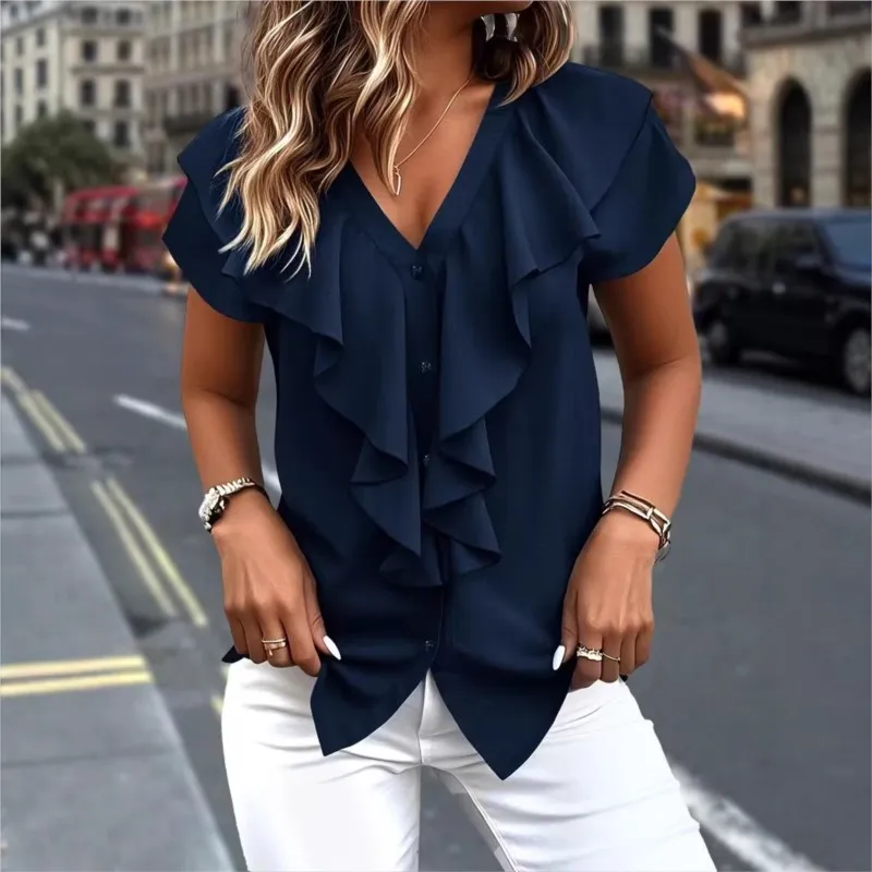 

Summer Ruffled Shirt Top Elegant solid Color Short Sleeve Chiffon blouse Plus Size Women's Blouse All-match Office Lady