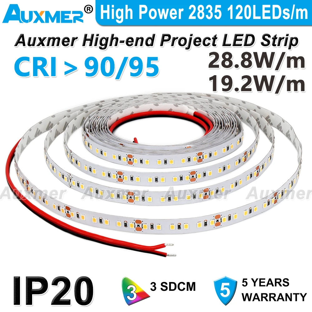 Taśmy LED o dużej mocy 2835 120 diod LED/m, CRI95/90, IP20, 12 V/24 V taśma LED, 8,8 W/m 19,2 W/m, bursztynowy żółty czerwony niebieski zielony