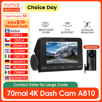70mai 4K Dash Cam A810 150°FOV 3840*2160 HDR 60FPS AI Motion Detection ADAS Built-in GPS Auto Car DVR A810 Optional Rear Cam