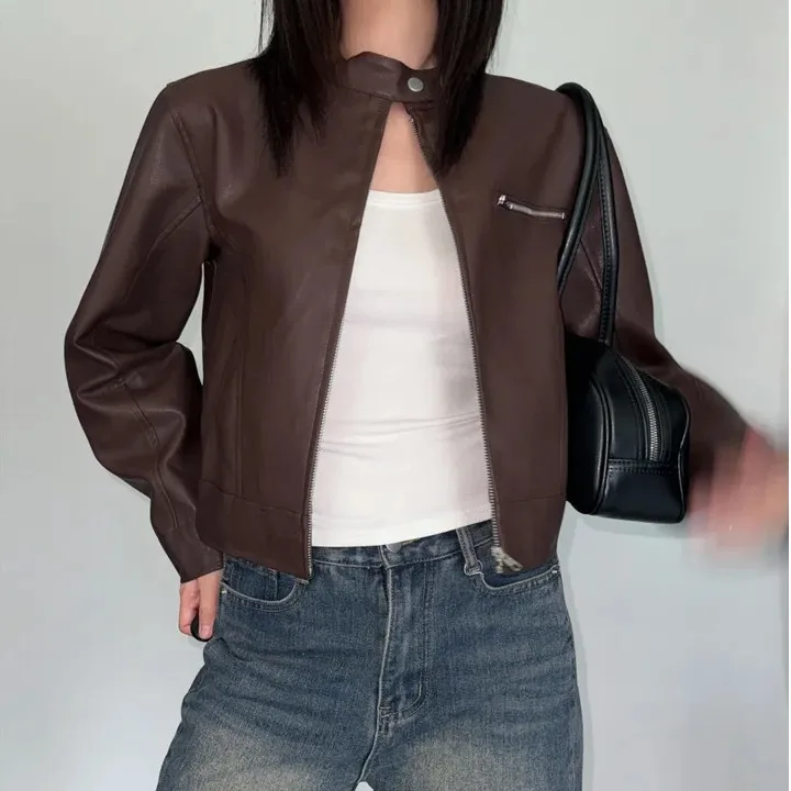 Femmes Chic Design rétro Faionable col montant moto longue Sve Baseball Jaet vêtements supérieurs coréen Sle trajet...