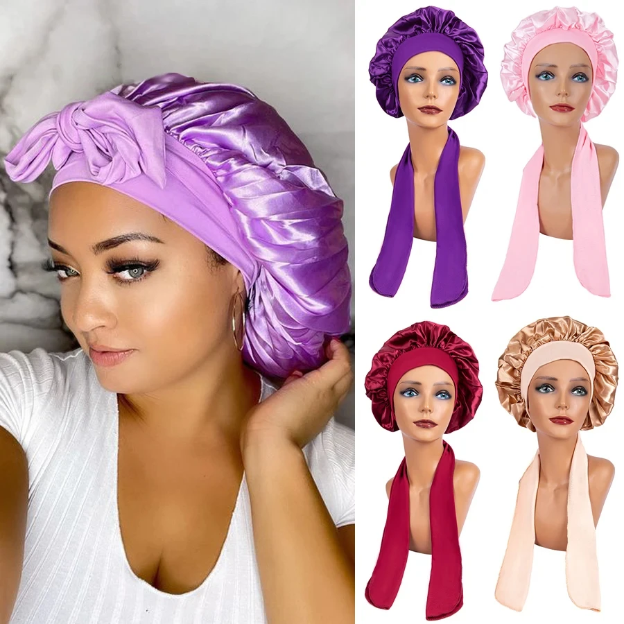 Women'S Satin Hijab Bonnet With Wide Stretch Ties Band Long Tail Turban Hat Cheveux Nuit Silk Sleeping Night Cap Bonnets