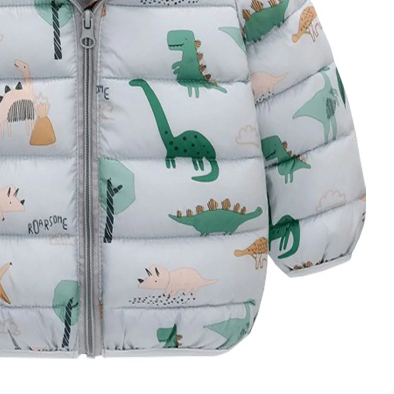 Lightweight Jacket Kids Boys Girls Baby Cartoon Gray Dinosaur Zipper Hooded Coats Autumn Winter Christmas Outerwear 1-5 Year Old