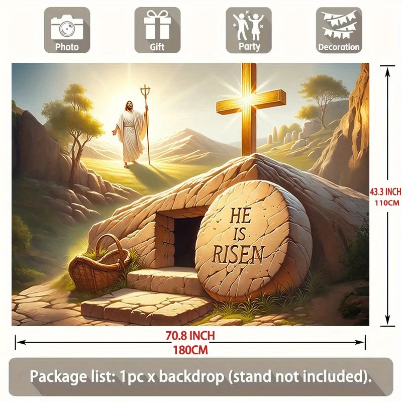 لافتة عيد الفصح الكبيرة المسطحة 2D "He is Risen" - زخارف حفلات الربيع الدينية مع مقبرة حجرية ومشهد البيض المرقط #4