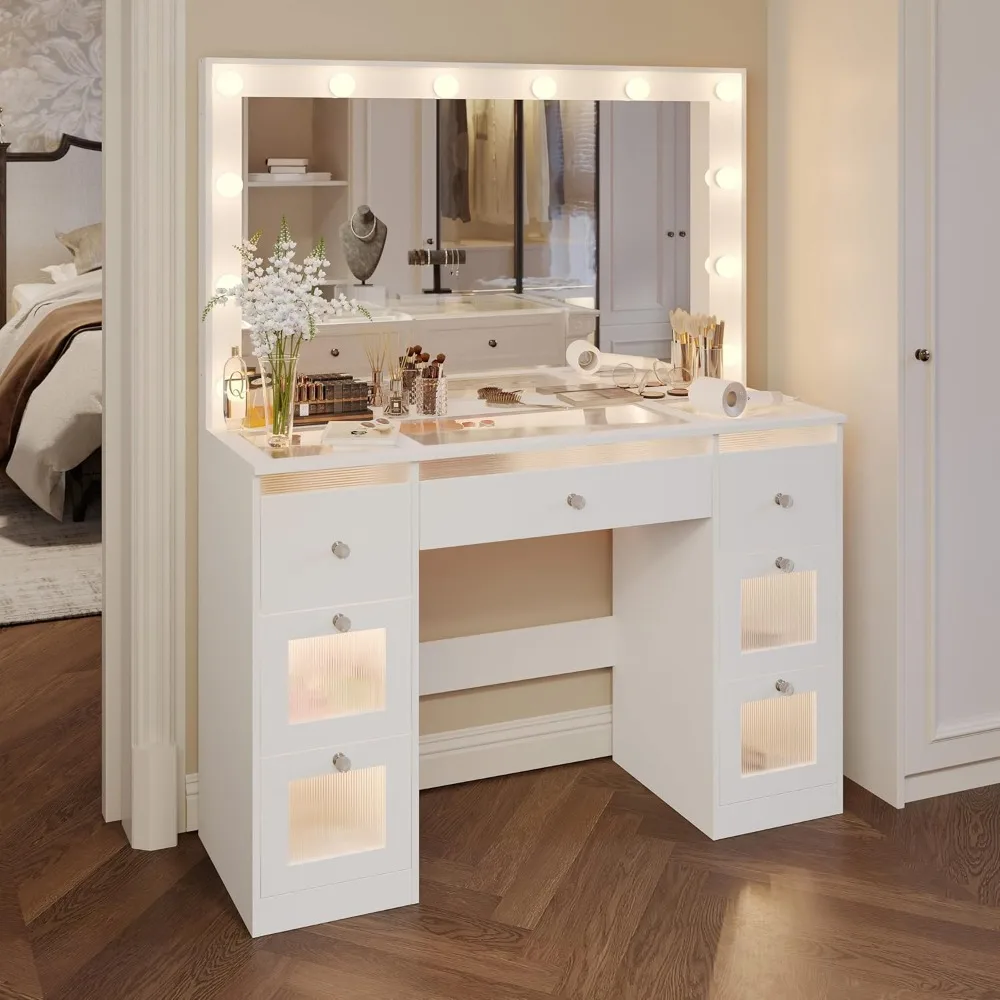 

Vanity Desk with Mirror and Lights 3 Colors, Glass Top Vanity with 7 Lighted Drawers & Power Outlet, Makeup Desk with Mirror for