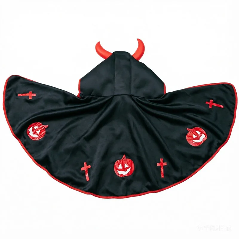 New Halloween Devil Horn Hooded Cape Cloak Pumpkin Cross Print Cosplay Outfit For Halloween Party Role‑Playing Scary Uniform