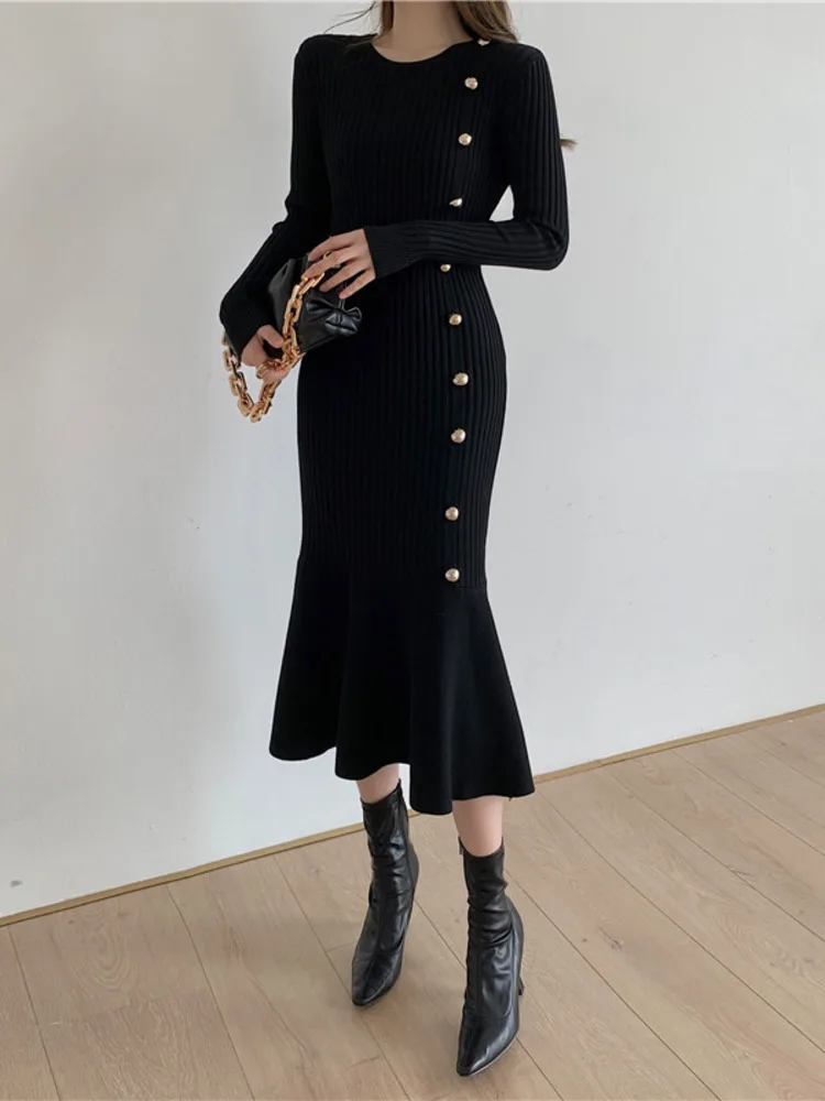 Jesień Ciepła Koreańska Moda Kobieta Elegancka Odzież Dzianina Vintage Sukienki Sweter Sukienka Femme Winter Vestido Feminino Grube