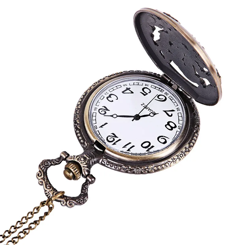 Reloj de bolsillo de cuarzo tallado en dragón para hombres y mujeres, caja hueca grabada, cadena Fob de lujo Vintage, reloj de bronce para regalo de colección