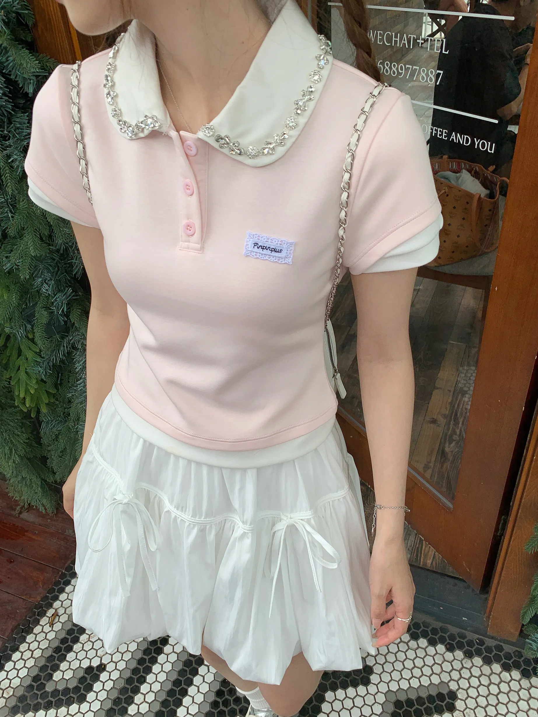 Slim Fit Short Sleeve T-Shirt Women Summer Fashion Diamond Doll Collar  Shirt High Waist Anti-Ball Student Daily Wear