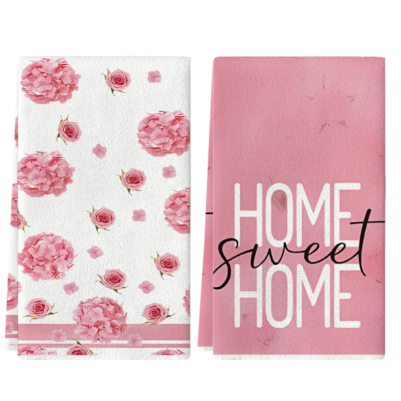 2Pcs, Pink Flower Home Kitchen Towels, 40Cm*60Cm Towel Set, Super Absorbent Soft Cleaning Cloth, Cooking Baking Tea Towel, Hand Towel, Cleaning Cloth, Dishcloth, Kitchen Decoration, Living Room Decoration, Kitchen Essentials, Home Essentials