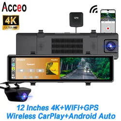 ACCEO A55 Dash Cam 12 inch Touch Screen 4K Wireless Android Auto CarDvr Recorder Supports Bluetooth, WiFi, GPS Rear View Camera