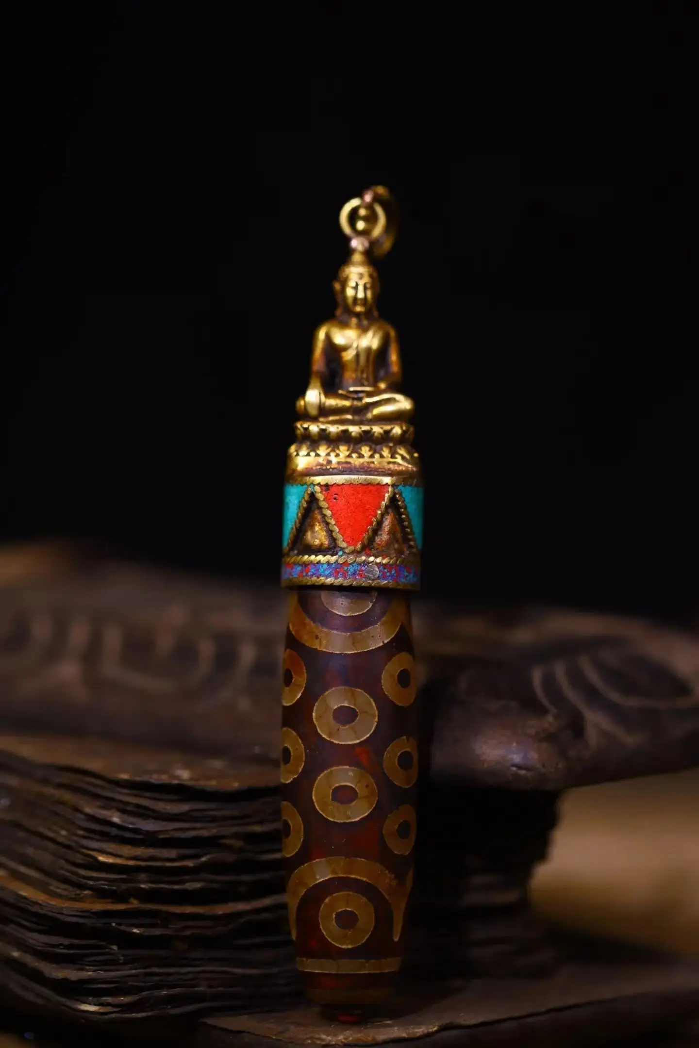 

5"Tibetan Temple Collection Old Natural Agate Mosaic Gem gZi Beads Sakyamuni Buddha Buddha Beads Pendant Amulet Dharma
