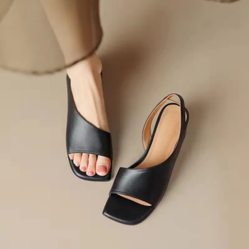 Square Toe Open Toe Sandals Women 2026 Summer New Medium and Block Heel Straight Strap Back Empty Sandals view 2