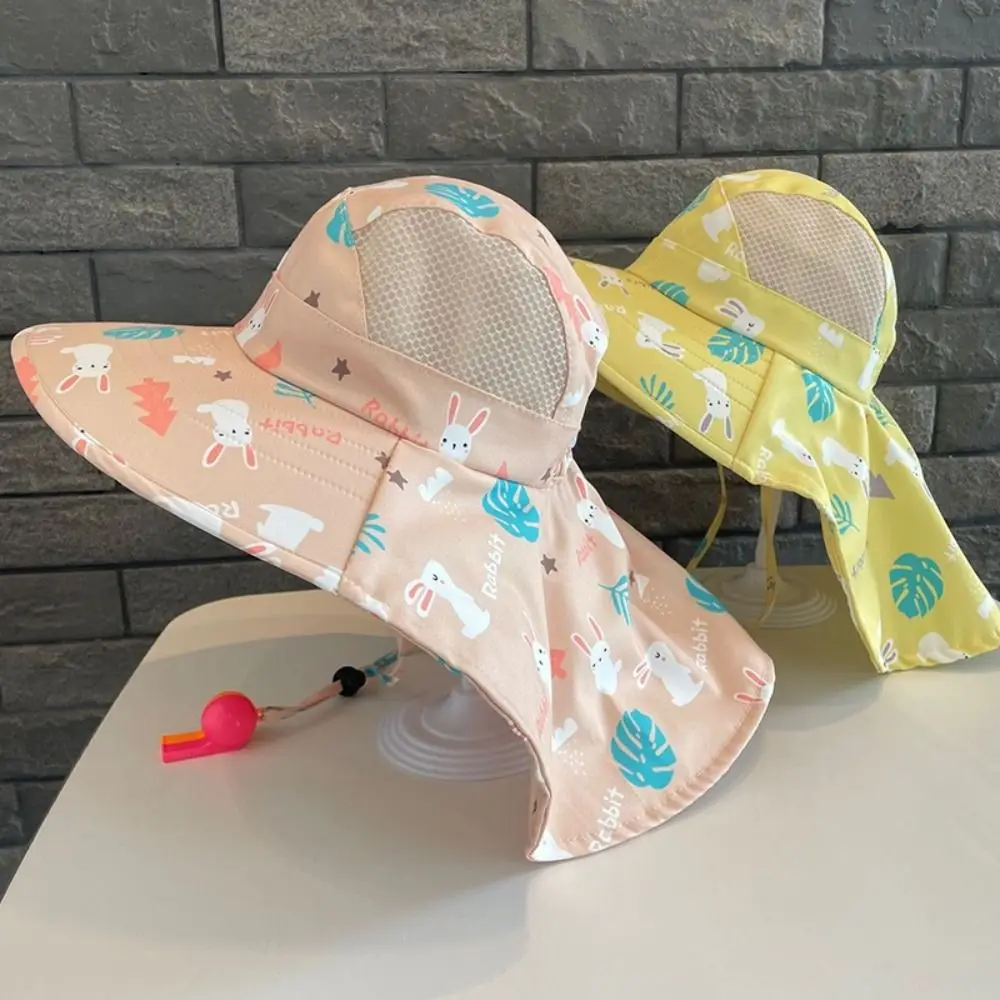 Bucket Cap Summer Baby Hat Neck Ear Cover With Whistle Children's Sunscreen Hat Wide Brim Anti UV Kids Beach Caps Girls Boys
