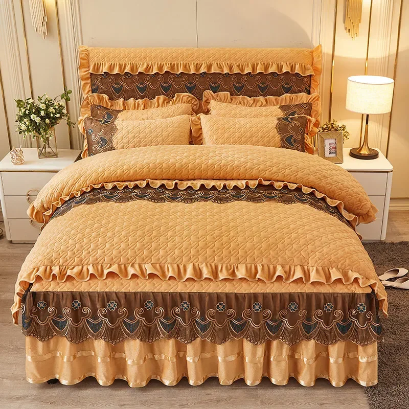 AIWINSURE-4pcs Quilted Velvet Duvet Cover Bedding Set, Luxury, Queen King Double Bed, Lace Fleece Quilt Cover, Bedspread, Soft