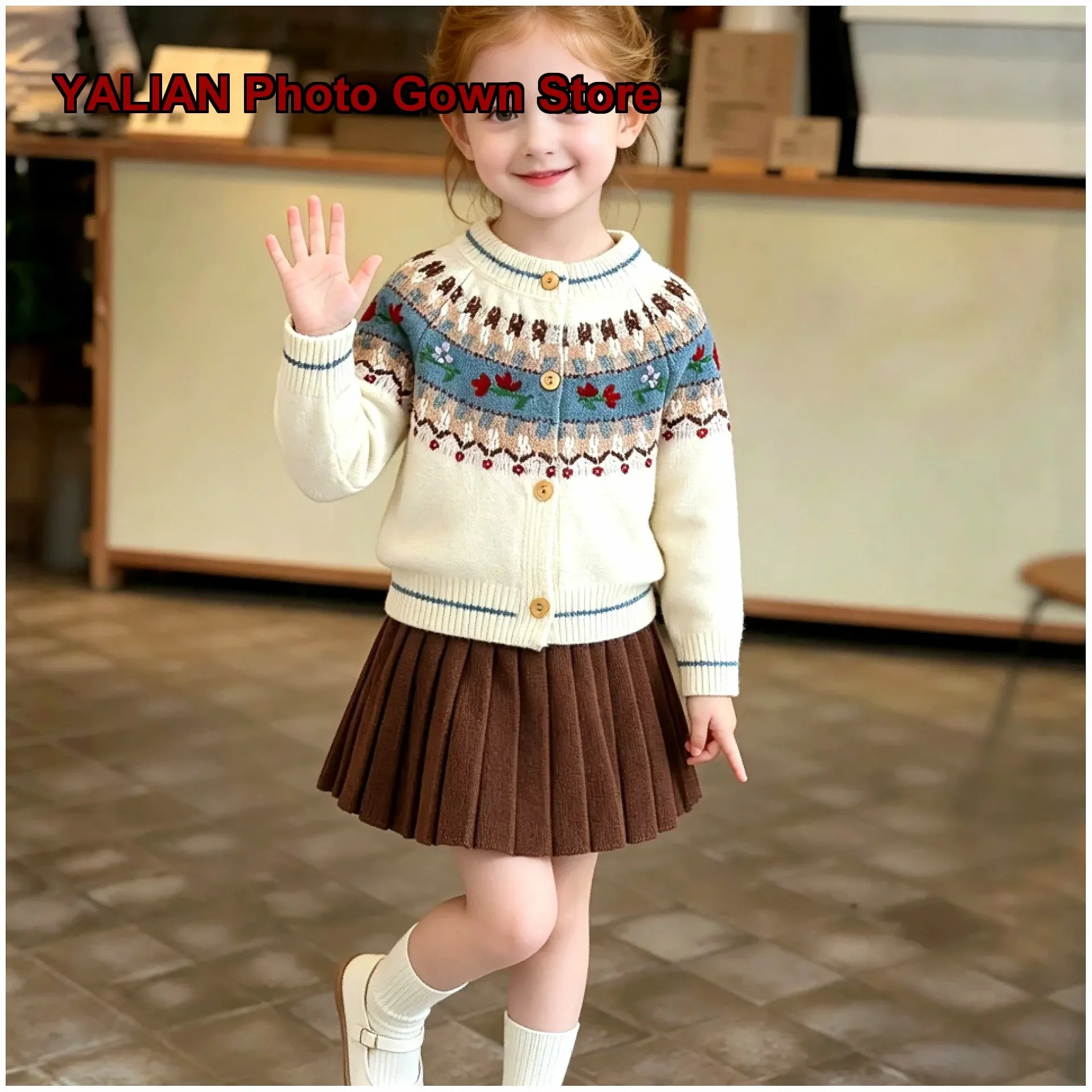 Girls Two-Piece Set 1-4 Years Old Princess Style Plaid Skirt Knit Top Elegant Wear
