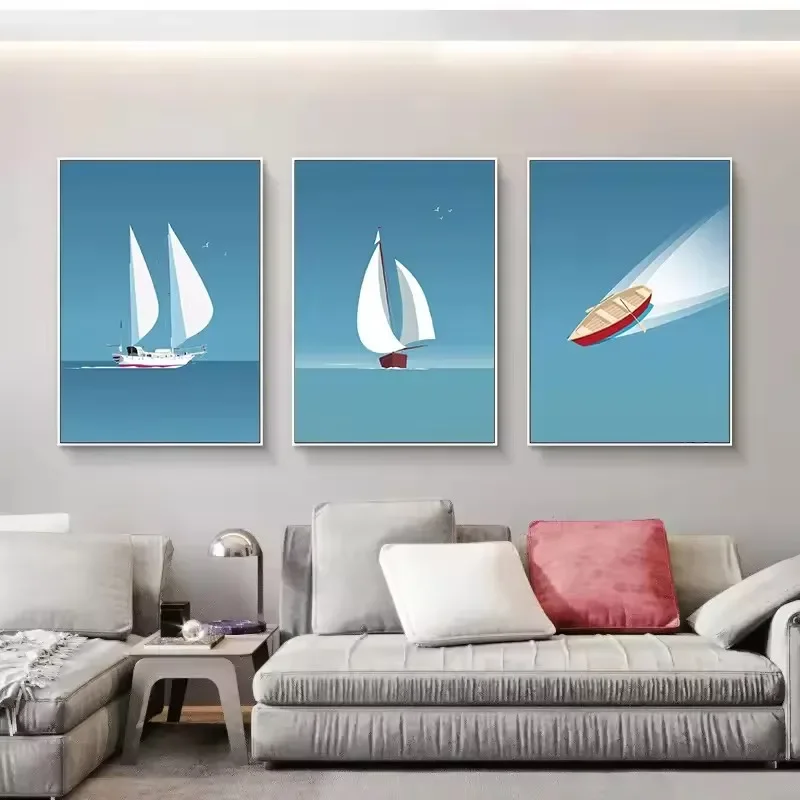 1pc frameless Canvas Painting Minimalist Boat Sailing Poster Print Navy Blue Nautica Canvas Painting Sailboat Wall Art Picture R
