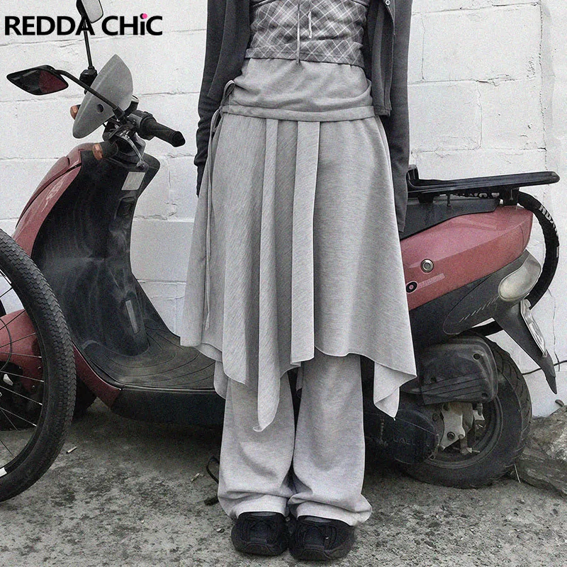 ReddaChic Women's Fake Two-Piece Shorts Skirt Pants Gray Irregular Hem A-Line Midi Skirt Flared Pants Korean Layered Sweatpants