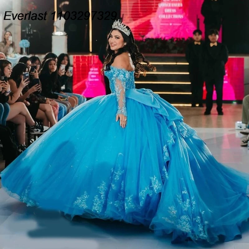 EVLAST Blue Quinceanera Dress 2024 Ball Gown Shiny Lace Applique perline corsetto manica lunga dolce 16 Vestido De 15 Anos TQD625