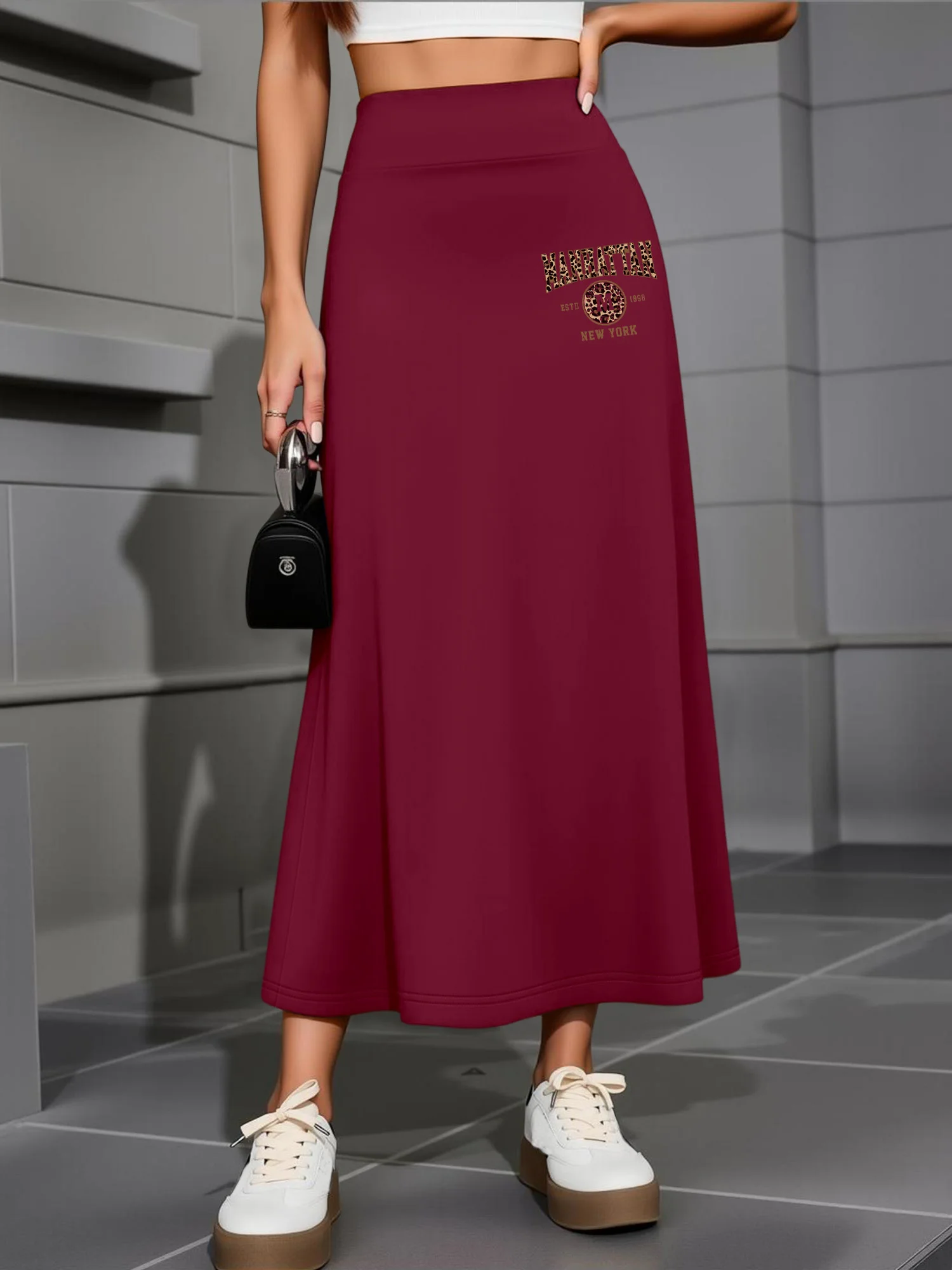 Fashion High Waist Flowy Maxi Skirt, Slogan Letter Print A Line Long Skirt, Soft Stretchy Casual Daily Wear Ladies Skirt