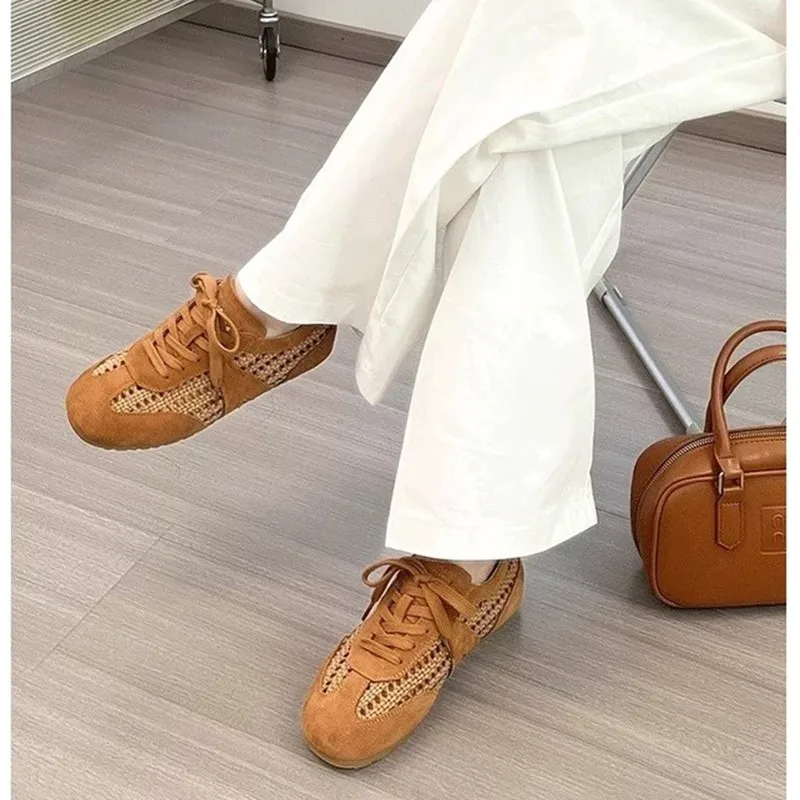 Women's Sneakers 2026 New Ruffled Vintage Open Toe Dechen Shoes for Sport and Leisure with Lace-Up Closure - Aigang Shoes