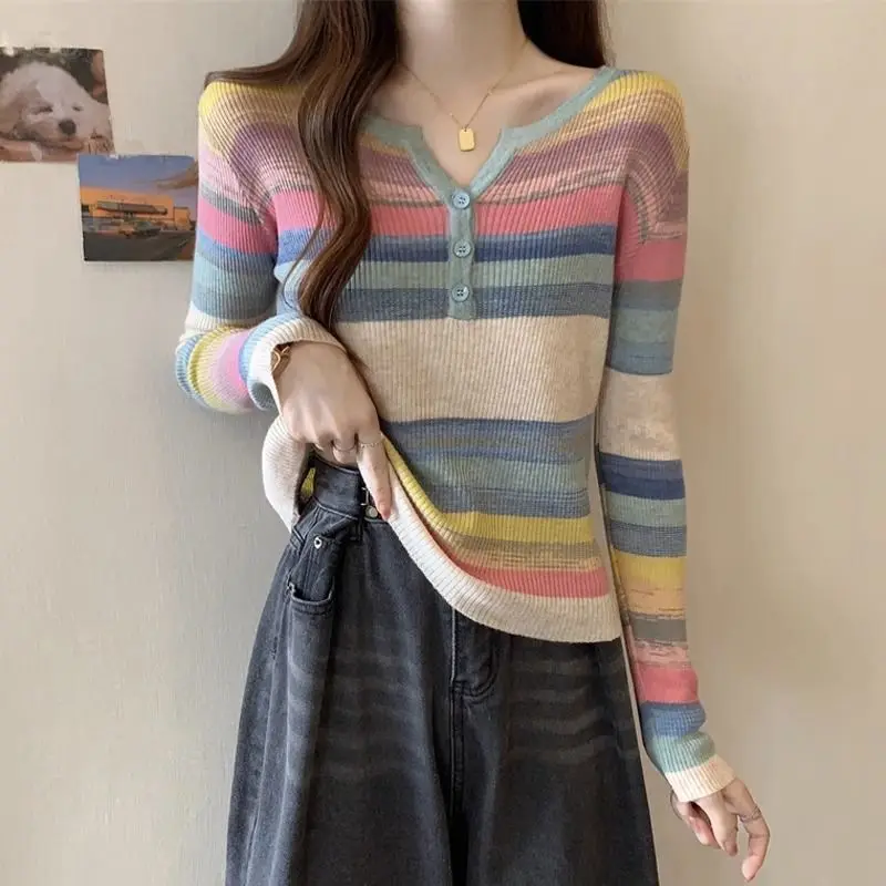 Women Trendy Striped Patchwork Chic Sweet Knitwear Spring Autumn Casual Round Neck Long Sleeve Pullover Tops Female Slim Jumpers