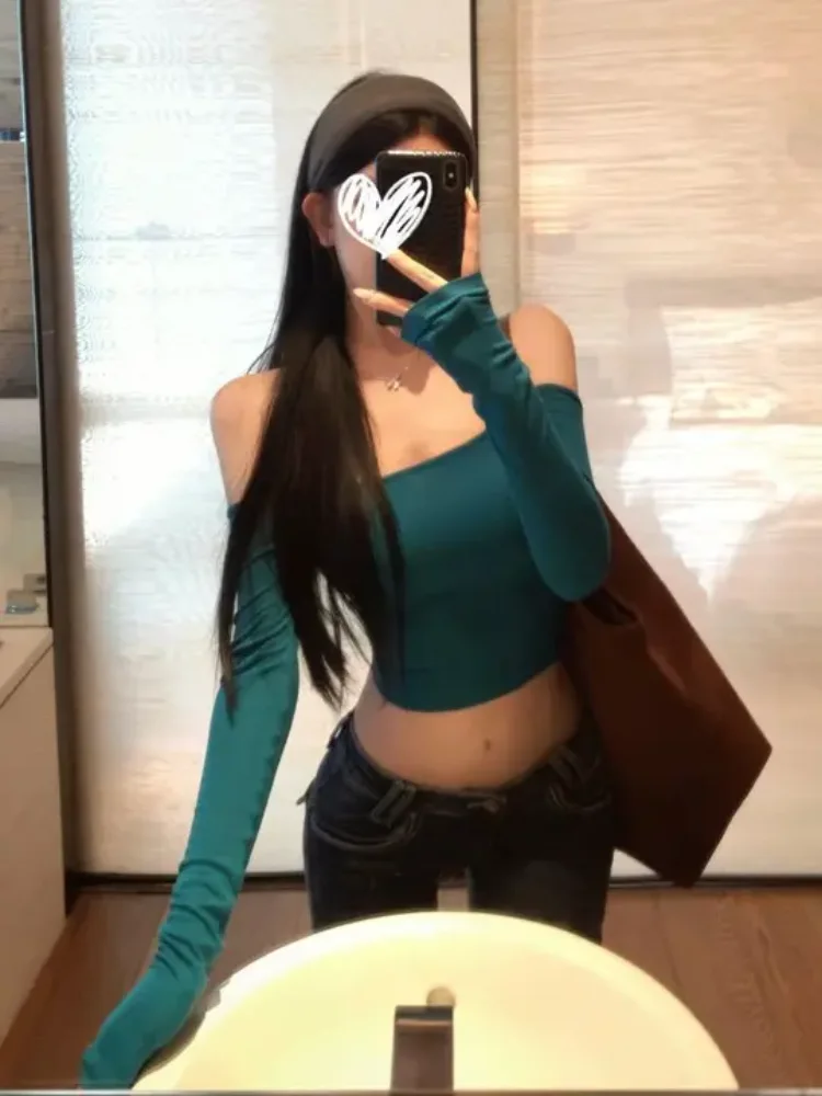 

American retro spicy girl off shoulder long sleeved t-shirt early autumn simple slim fit high waist exposed navel women's top