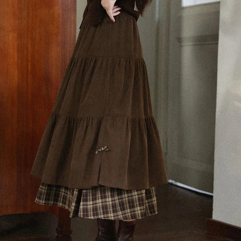 

Женская вельветовая клетчатая лоскутная юбка с высокой талией, плиссированная многослойная юбка в стиле Харадзюку Y2K, милая струящаяся юбка миди с бантом в консервативном стиле