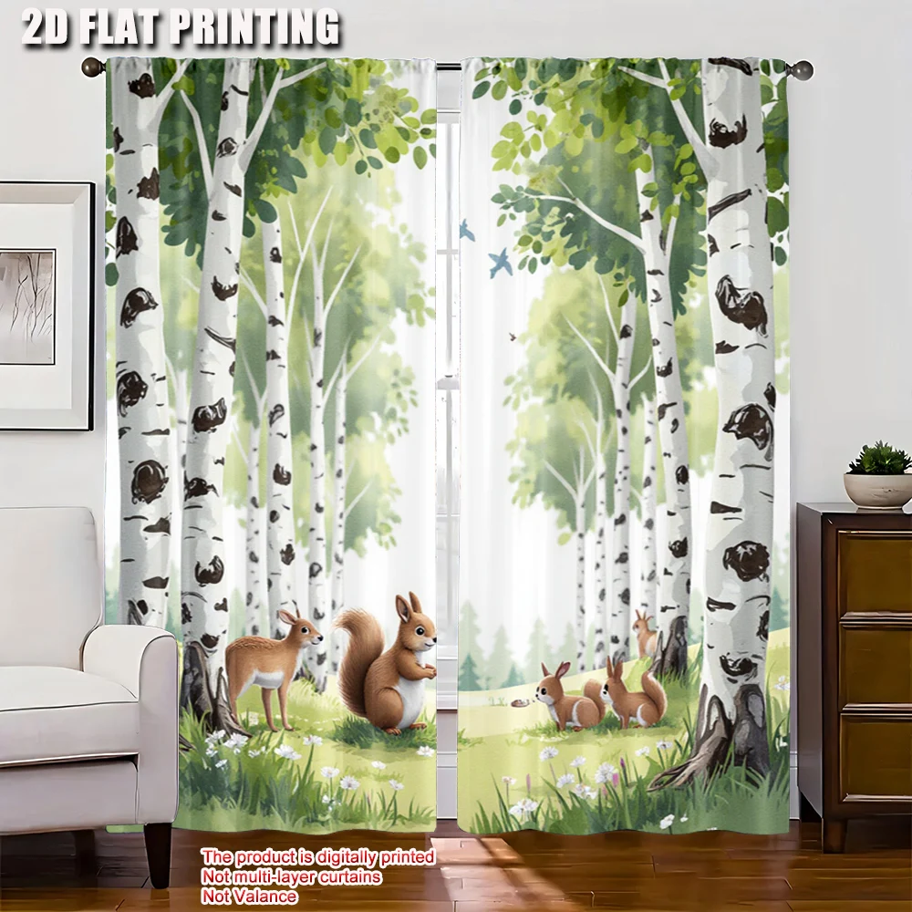 2pcs 2D flat printing Scene Curtains Birch Forest Polyester Without Electricity Festive Curtains Use for Holiday Parties Home