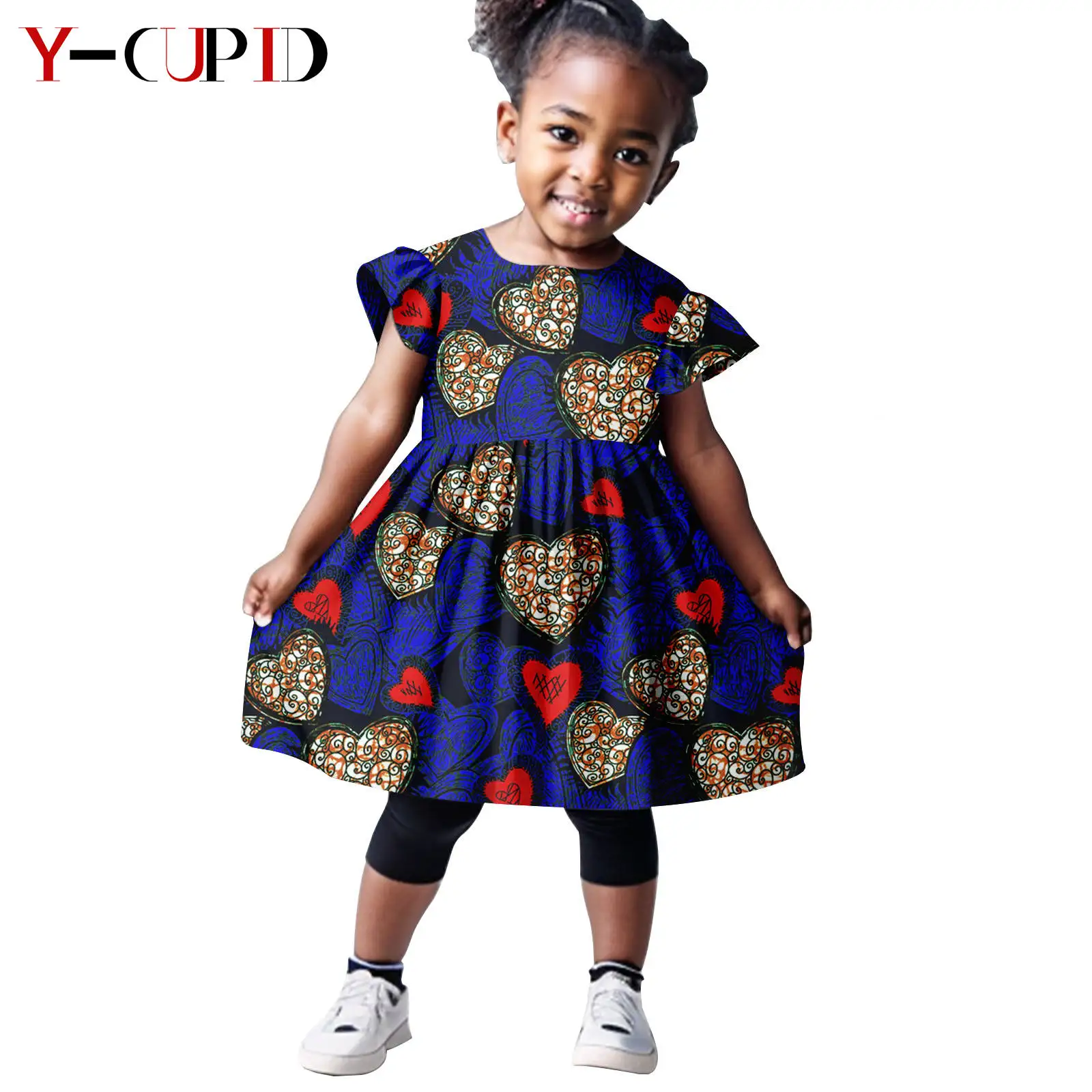 African Clothes Summer Dashiki Flying Sleeve Print Dresses for Girls Bazin Riche Kids Children Ankara Outfits Party Wear Y234031