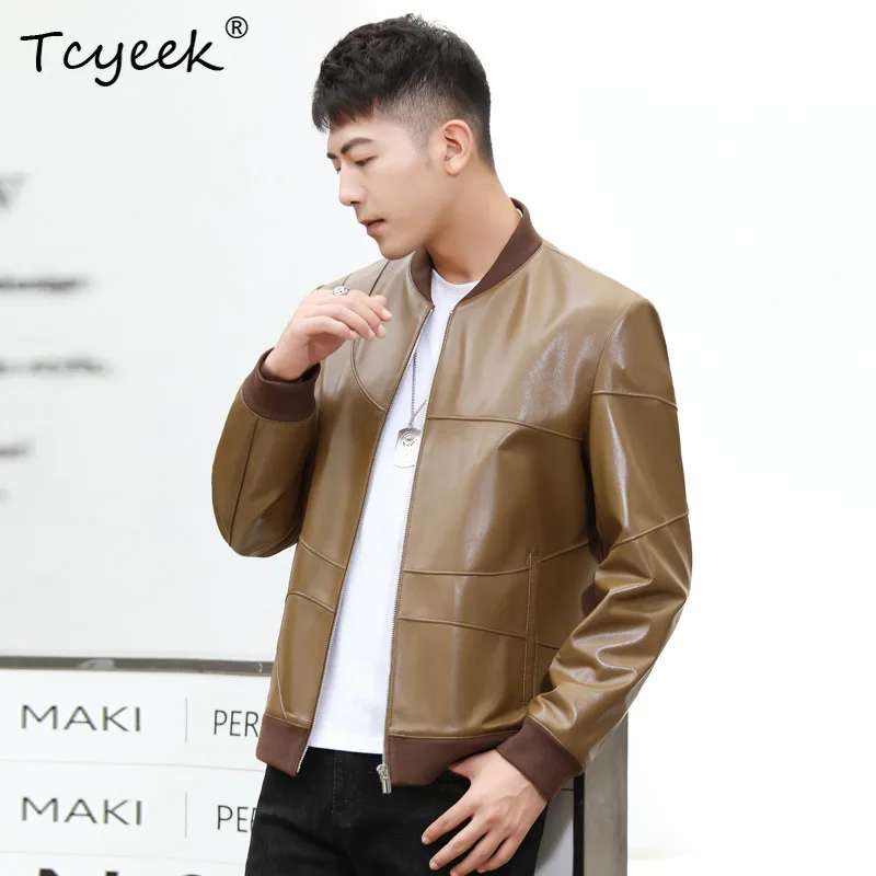 Tcyeek Genuine Leather Jacket Mens Sheepskin Coats Short Trendy Mens Jacket Thin Baseball Jackets 2026 New Autumn Jaqueta Couro