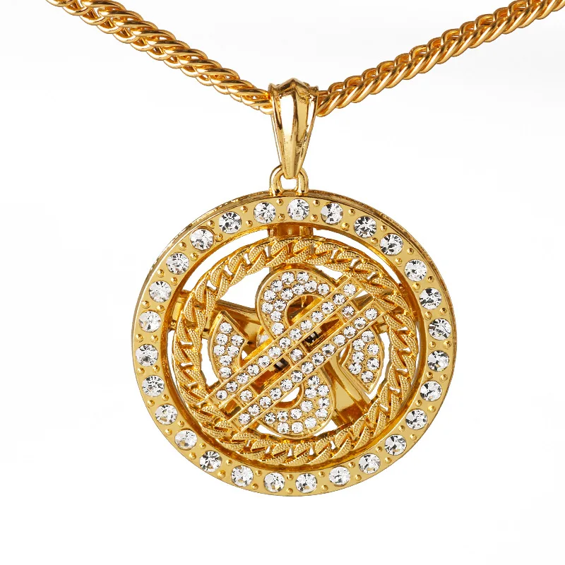 Mode cristal grand Raotatable Dollar américain collier signe d'argent pendentif collier hommes Hip Hop bijoux