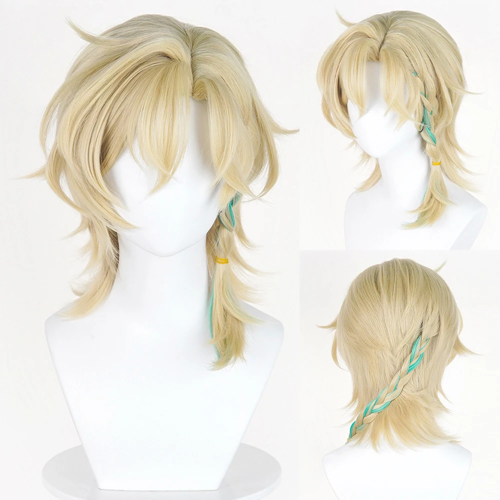 Blonde Green Highlights Synthetic Short Straight Wigs Middle Part Anime Game Cosplay Fluffy Wig for Daily Party