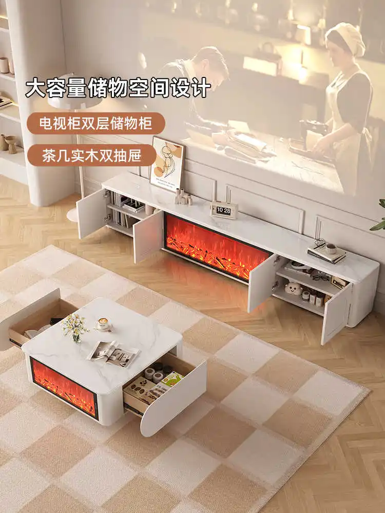 High-end Living Room TV Cabinet New 3D Electronic Fireplace Decoration Simulation Flame Integrated White Cream Style