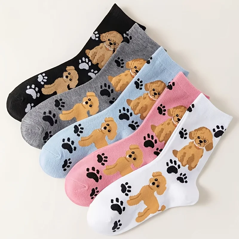 5 Pairs of Stylish And Cute Cartoon Animal Dog Paw Print Mid-Calf Socks for Women
