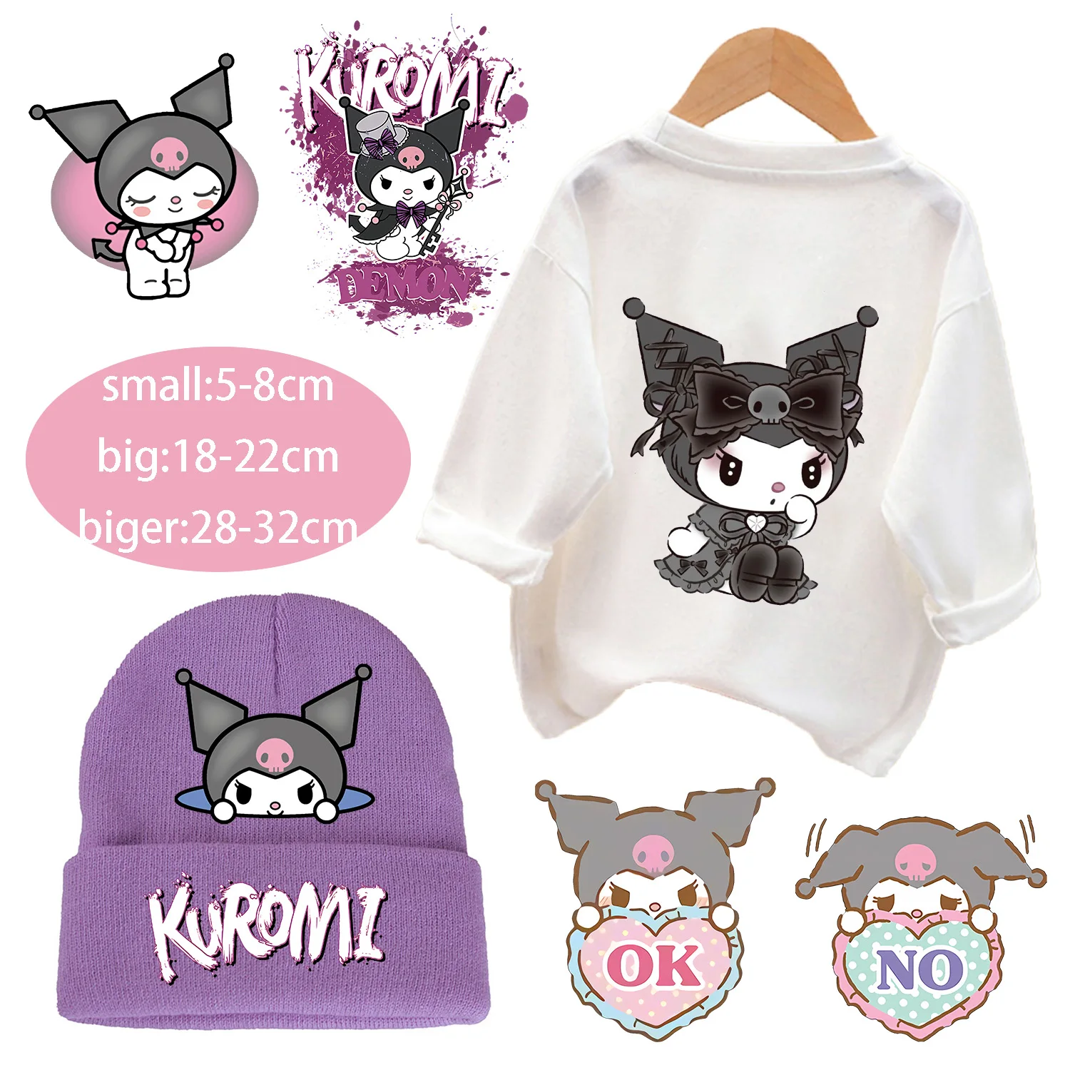 Sanrio Kuromi parches para ropa, pegatinas de transferencia de calor de figura de dibujos animados para camiseta, pegatina de parche de Anime,