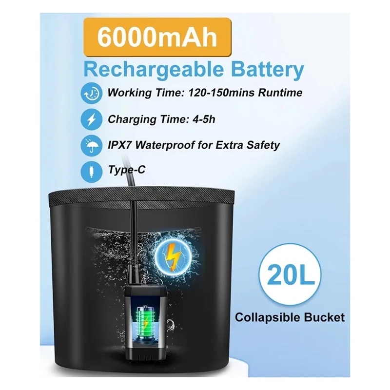 -A89Z Перезаряжаемый портативный душ для кемпинга, аккумулятор 6000 мАч, идеально подходит для путешествий на открытом воздухе, садоводства, автомойки