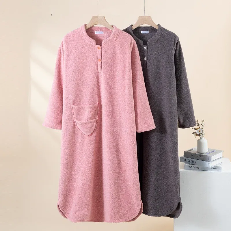Autumn Winter Women Casual Nightdress Ladies Warm Velvet Nightgown Female Long Sleeve Sleepwear Dress With Pocket Vestido
