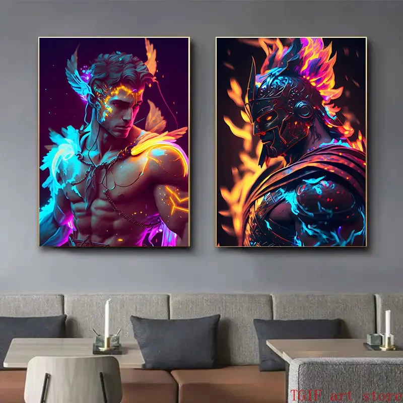 Pop 80s Neon Gods Poster Medusa Painted Zeus Aphrodite Samurai Canvas Painting Aesthetic Wall Art Home Gamer Room Decor