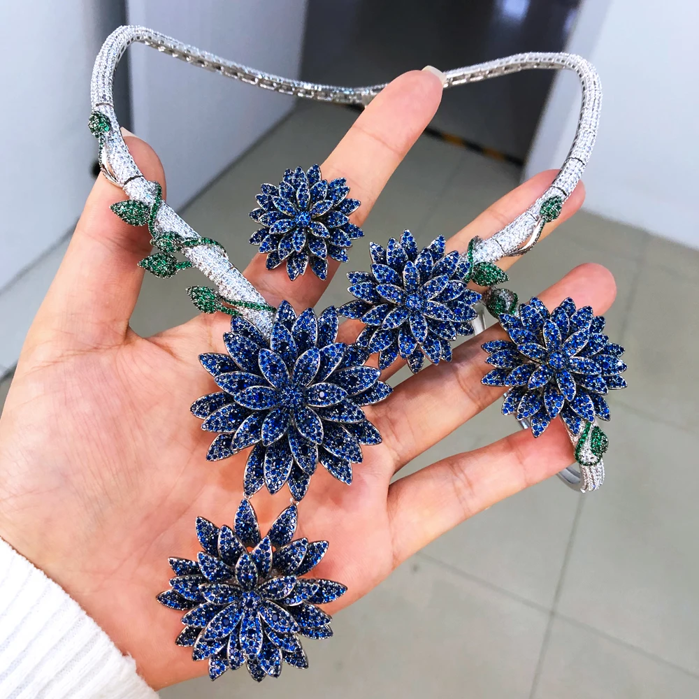 Missvikki High Quality Luxury 4PCS BIG Bloom Jewelry Sets Dubai Style Big Necklace Bangle Earrings Ring Jewelry Set Charm Female