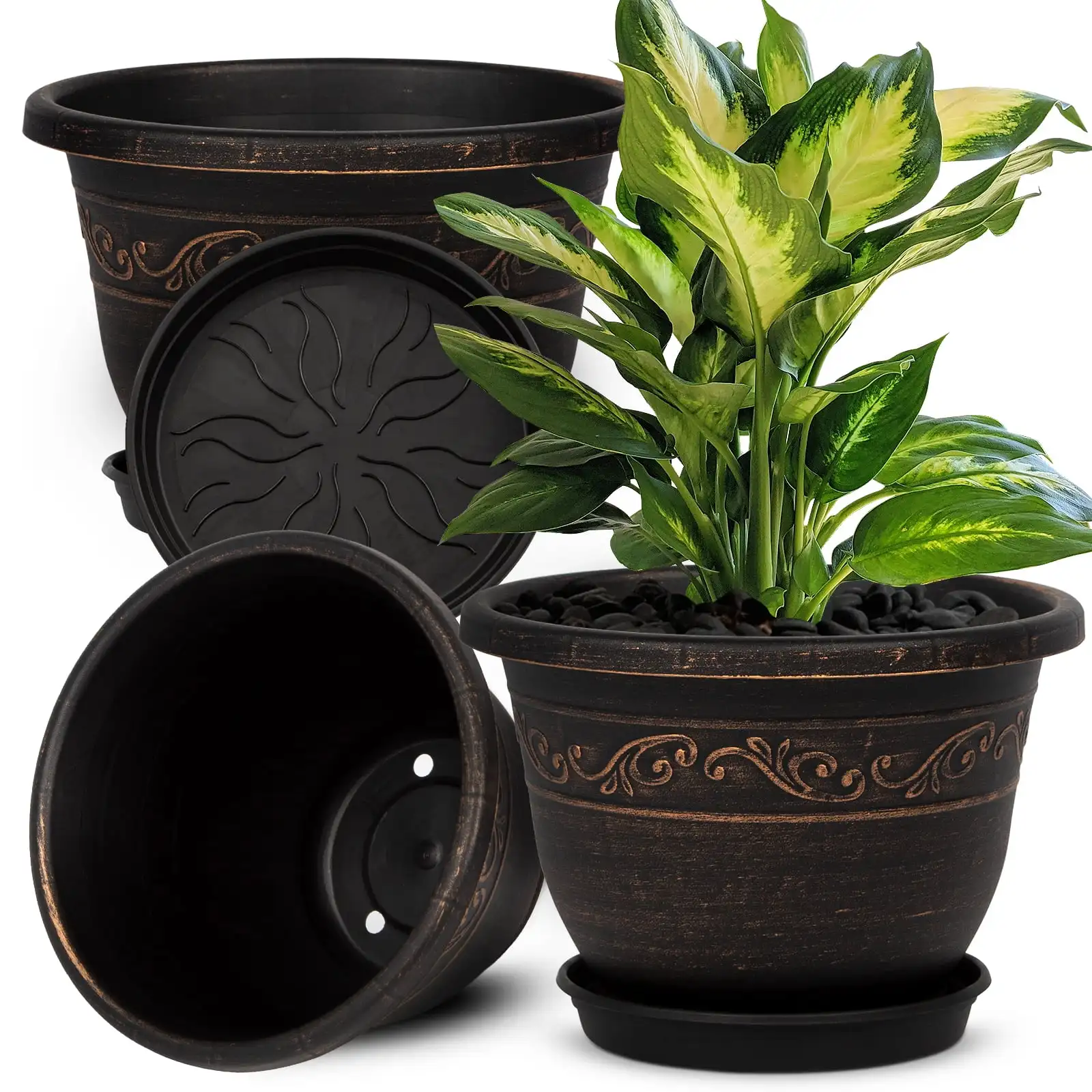 

Plant Pots, 3 Packs 12 inch Planters with Drainage Hole Saucer, Plastic Flower Pots for Indoor Plants Retro Decorative for