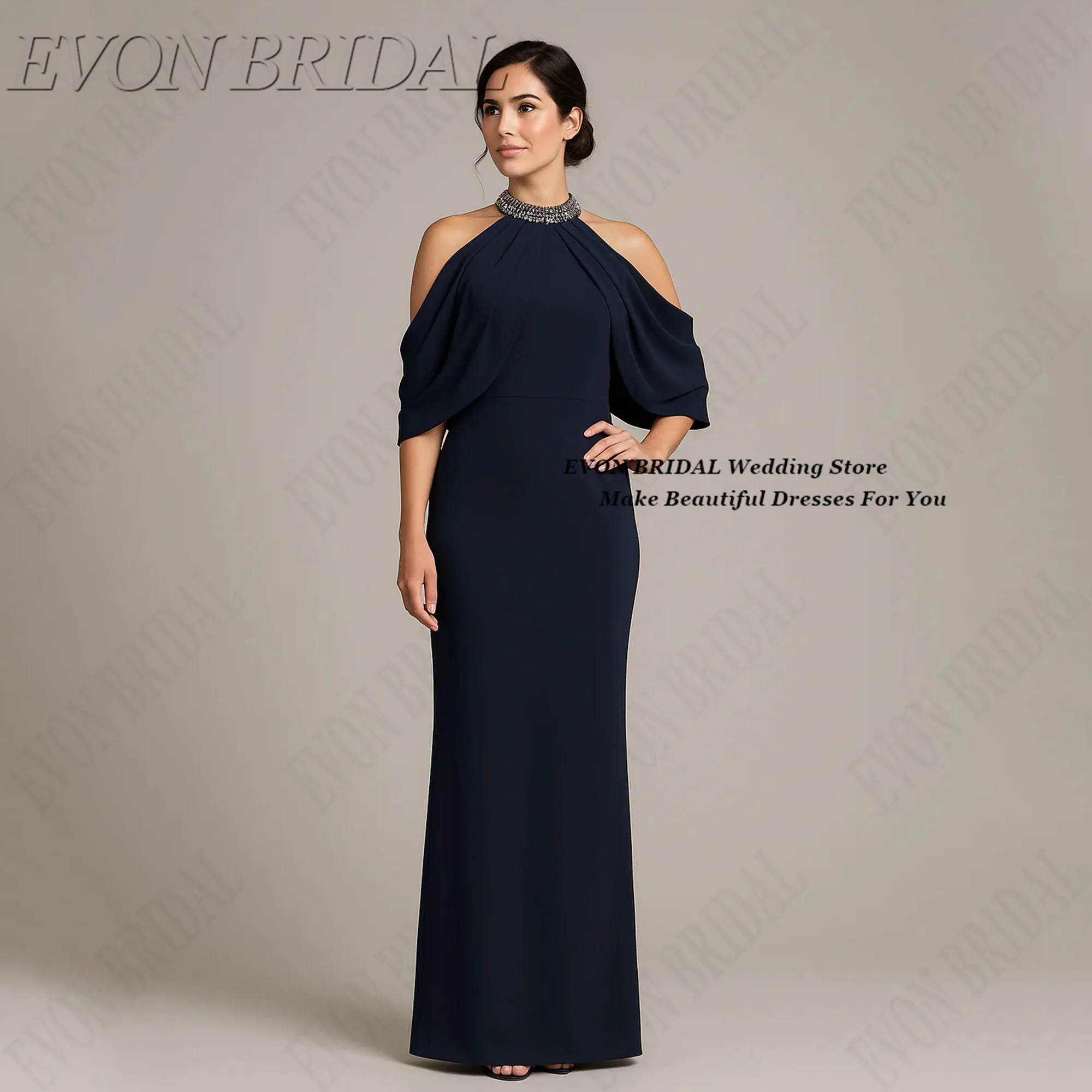 Vestidos de mãe sereia personalizados para vestido de noiva halter azul marinho miçangas vestido de noite plus size vestidos de festa evon nupcial