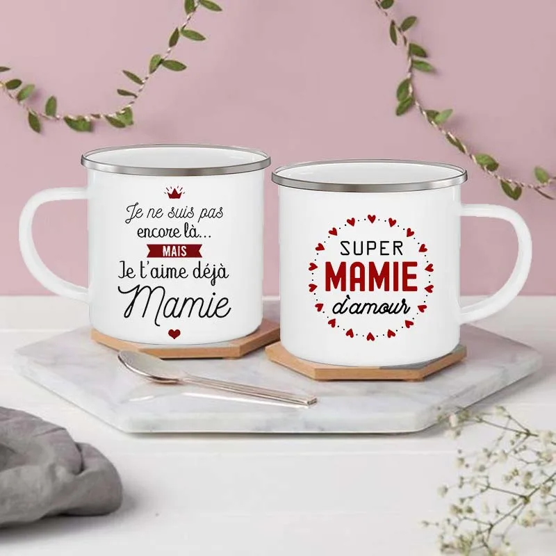 

Super Mamie I Love You Printed Enamel Mug Drink Milk Coffee Cups Pregnancy Announcement Mugs Best Idea Gifts for Grandmother