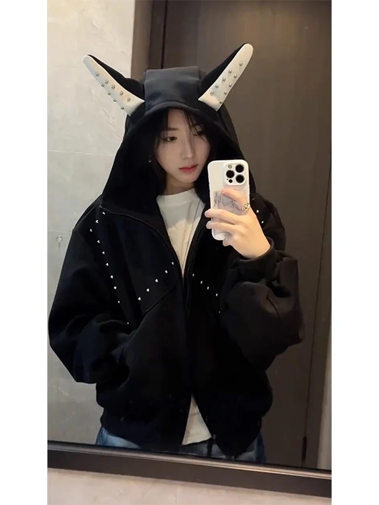 

Американский кардиган-худи оверсайз из тяжелого трикотажа, осенний, с элементами высокого класса, с заклепками, свободный, для пар, верхняя одежда