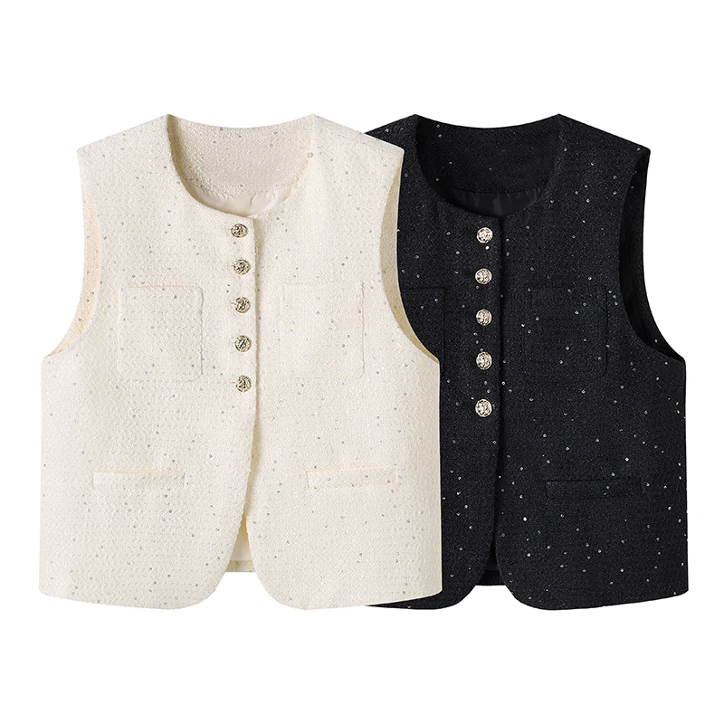 

iny Sequin Vest 2024 Autumn Sle round Ne Svel Women's Jaet Commute Sle ort Length Single Button Closure