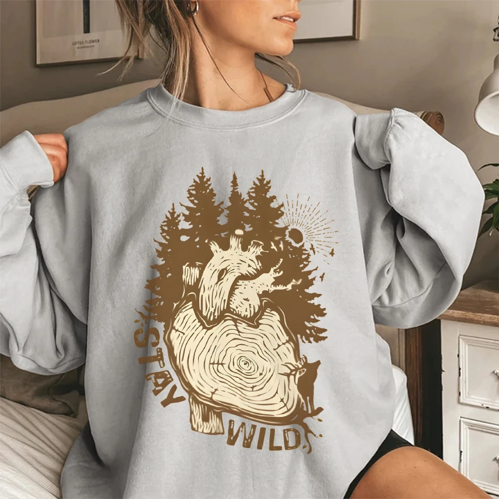 Stay Wild Heart Forest Grafik-Sweatshirts, Vintage-Boho-Unisex-Pullover mit Rundhalsausschnitt für Frauen und Männer, lässiges Oberteil mit Rundhalsausschnitt