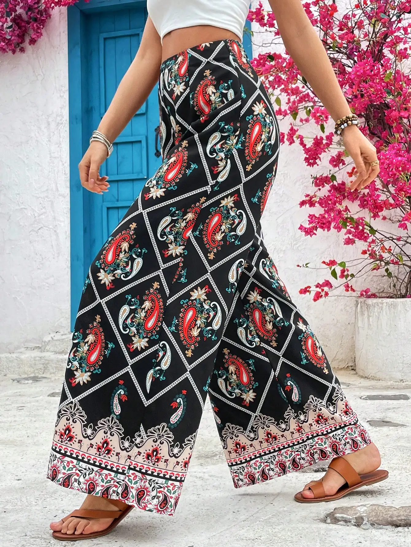 2024 new women\'s trousers, loose wide-leg trousers, ethnic style, summer vacation style, Southeast Asia